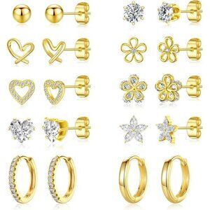 Gold stud earrings set for women 14K plated huggie hoops heart flower gift